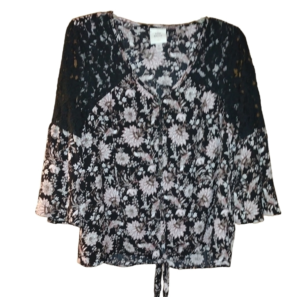 Knox Rose Button Down Tie Waist Blouse w/ Lace Shoulders and Bell Sleeves